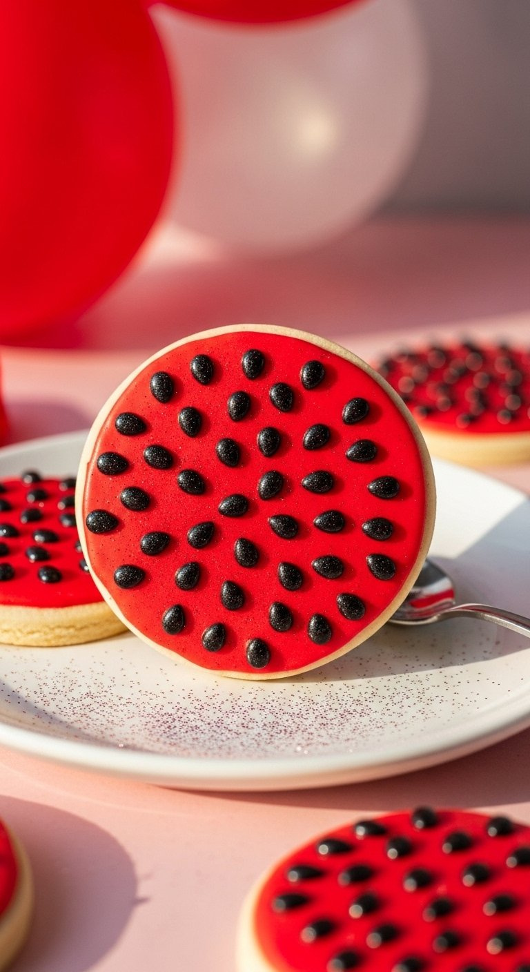 Sparkling Round Sugar Cookies Covered In Red Royal Icing And Edible Black Glitter Mimicking Watermelon Seeds On White Ceramic.