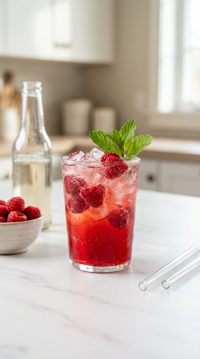 Sparkling Ruby-Red Raspberry Ginger Ale Delight In Clear Tumbler With Fresh Raspberries And Mint Sprig Garnish