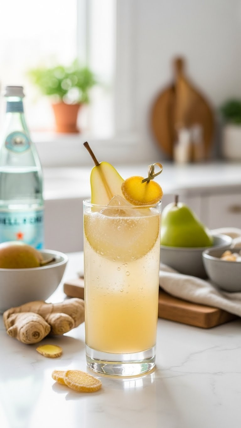 Sparkling Spiced Pear And Ginger Fizz In Highball Glass With Pear Slice Garnish