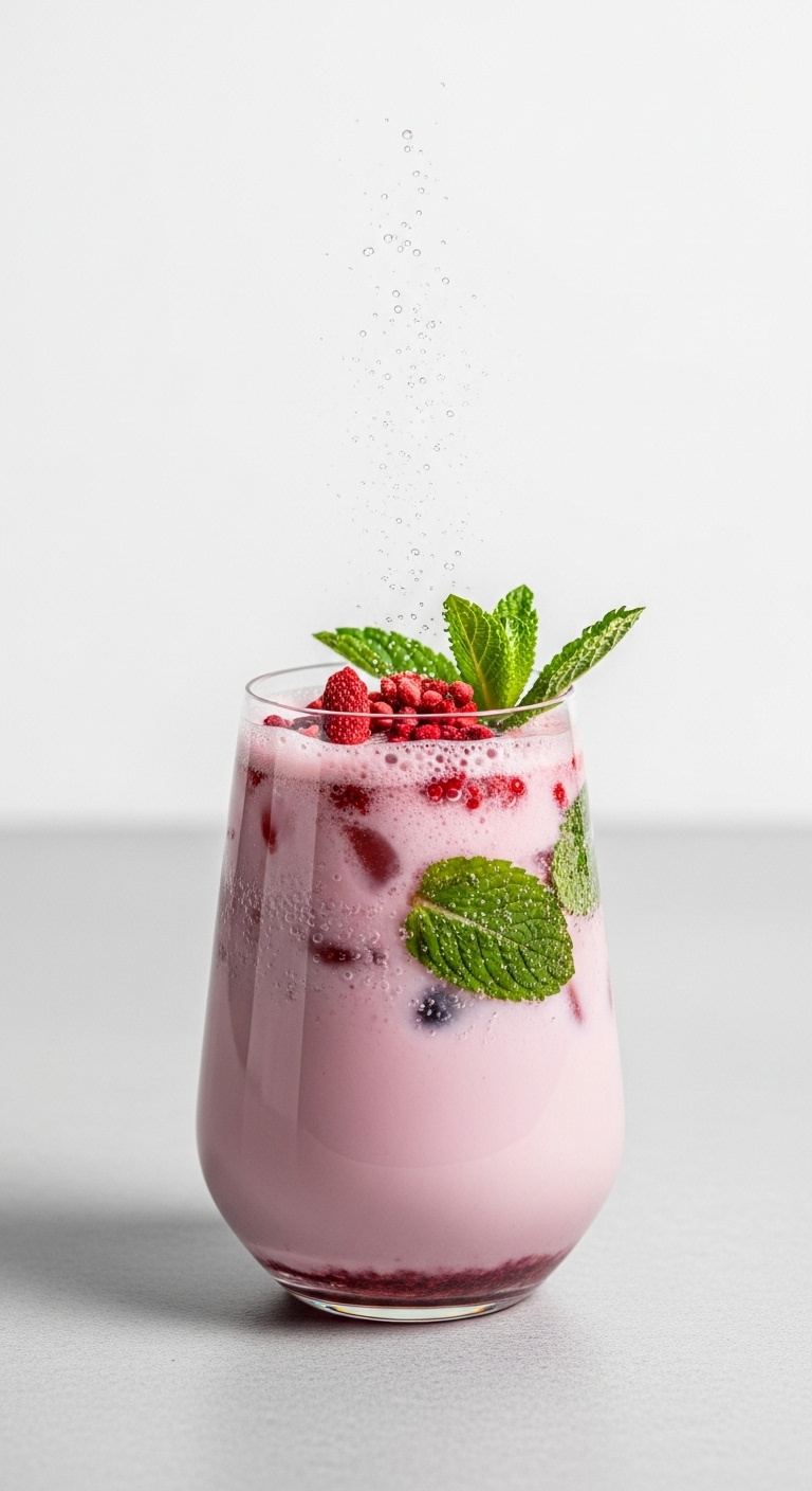 Sparkling Strawberry Acai Refresher With Mint And Freeze Dried Strawberries In A Sleek Glass On A Minimalist Surface
