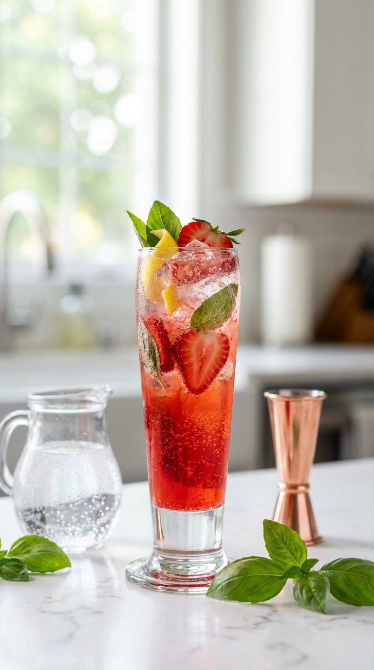 Sparkling Strawberry Basil Smash Cocktail In Tall Elegant Glass With Fresh Strawberries, Basil Leaves, And Lemon Twist Garnish