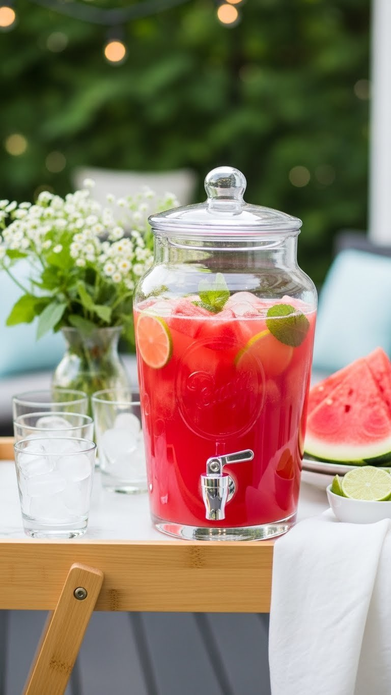 Sparkling Watermelon-Limeade Punch In Clear Dispenser With Fresh Watermelon Chunks, Lime Slices, And Mint Leaves On Wooden Cart