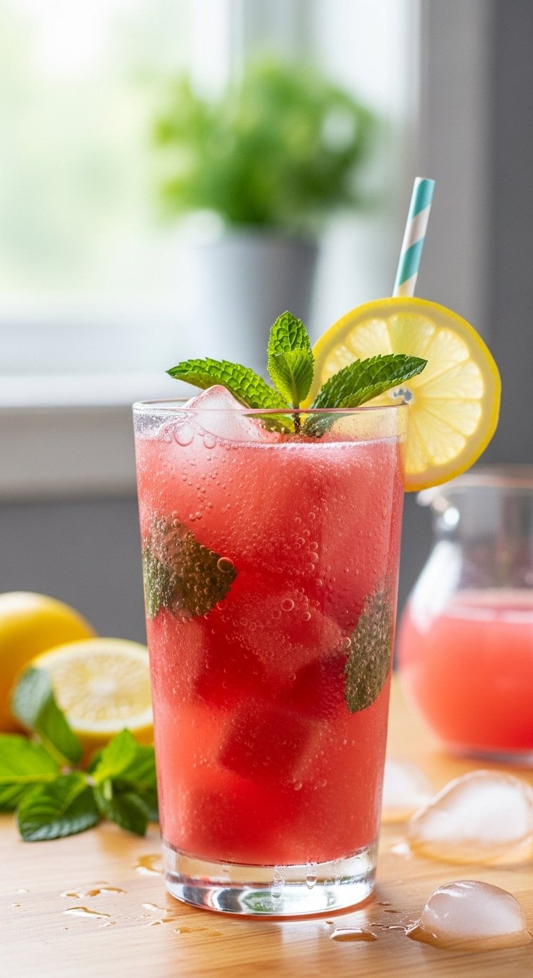 Sparkling Watermelon Mint Lemonade With Fresh Fruit Slices And Mint Garnish In A Condensation-Covered Glass.