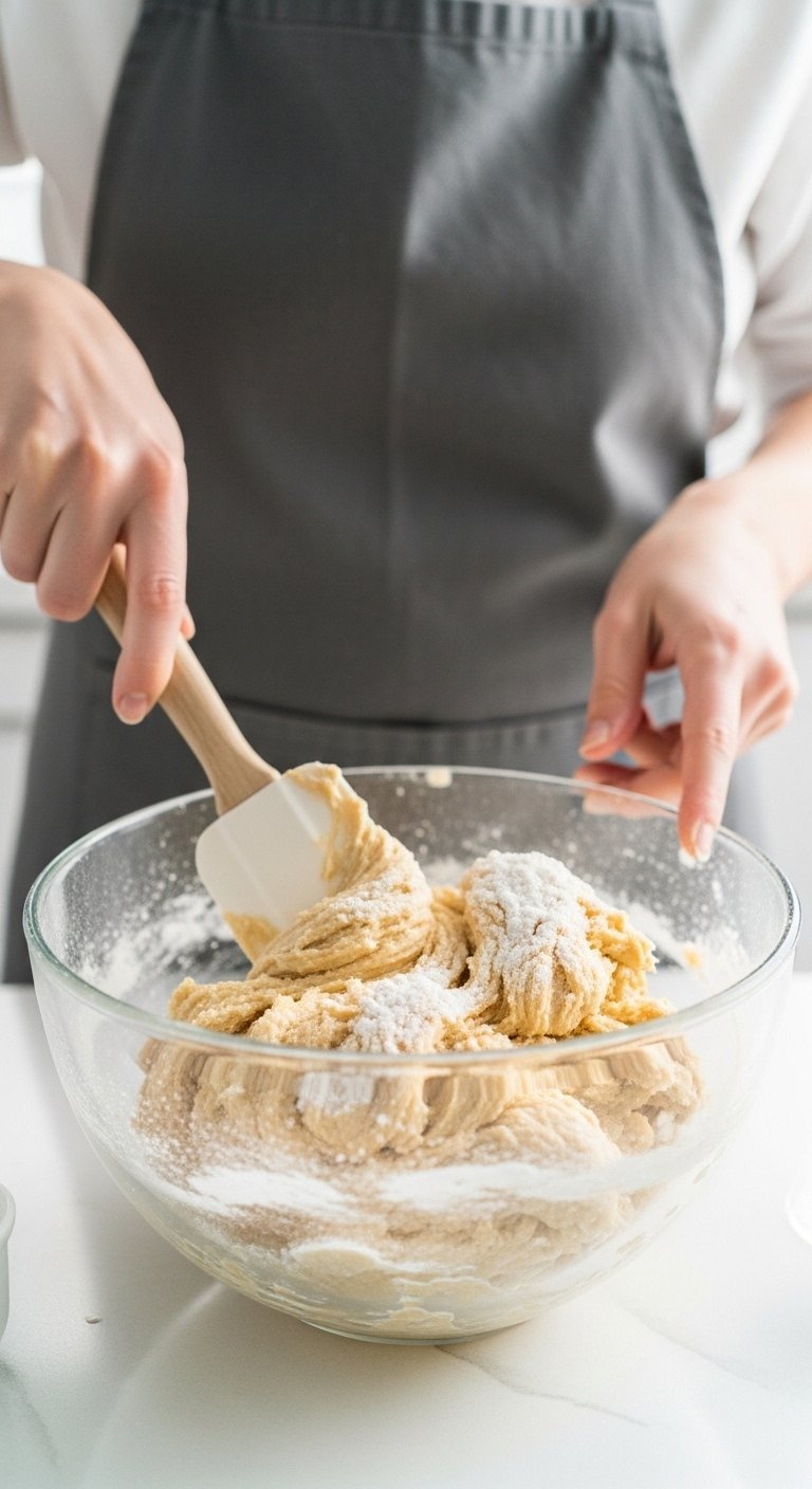 Spatula Folding Dry Ingredients Into Wet Cookie Dough In A Glass Mixing Bowl On A Counter.