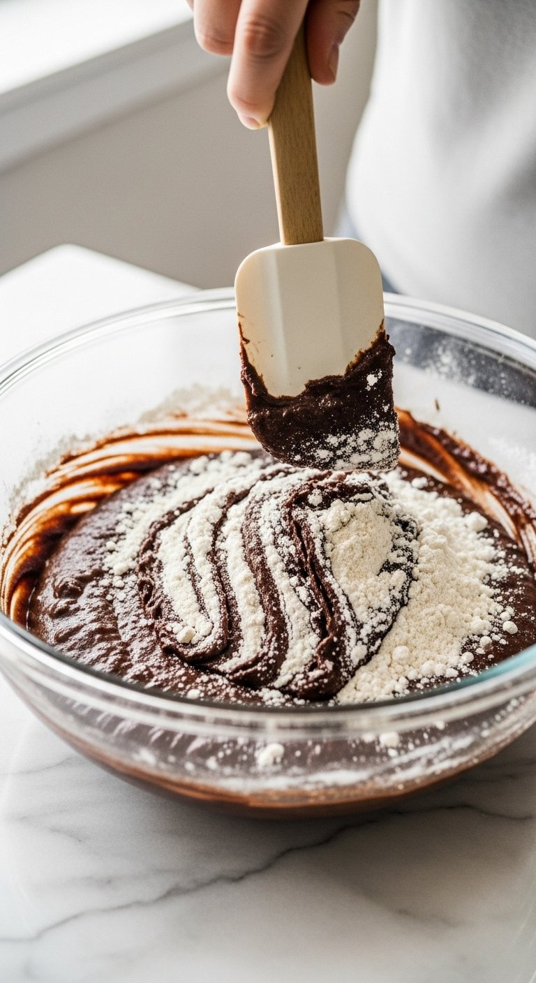 Spatula Gently Folding White Flour Streaks Into Rich Dark Chocolate Brownie Batter In A Glass Bowl.