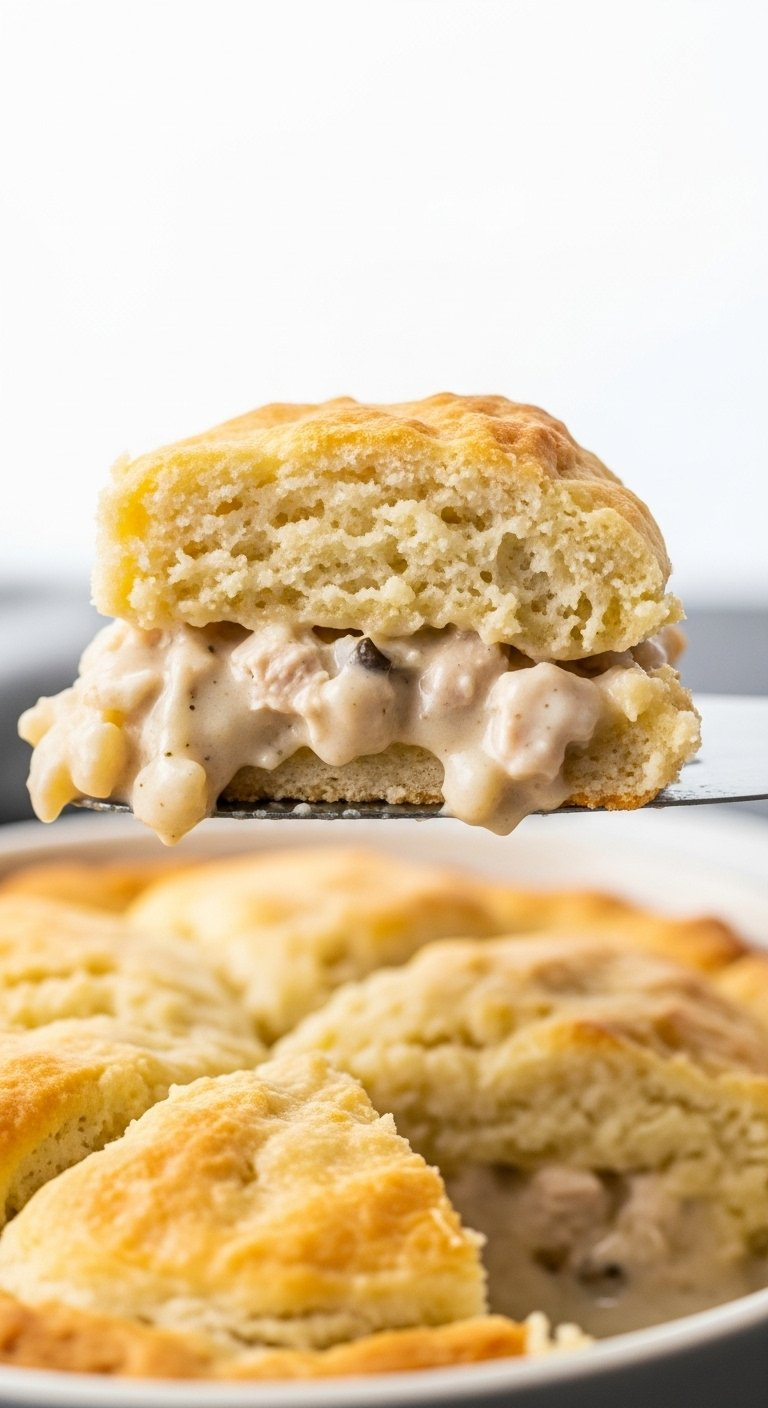 Spatula Lifting A Cross-Section Slice Of Chicken Pot Pie Showing Fluffy Biscuit And Creamy Filling Layers.