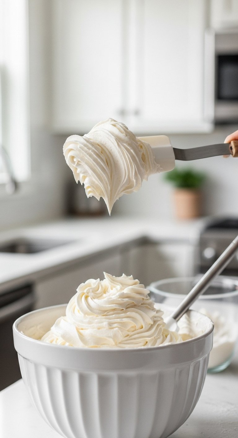 Spatula Lifting Stiff Pipeable Buttercream Frosting With Defined Peaks In A White Mixing Bowl.