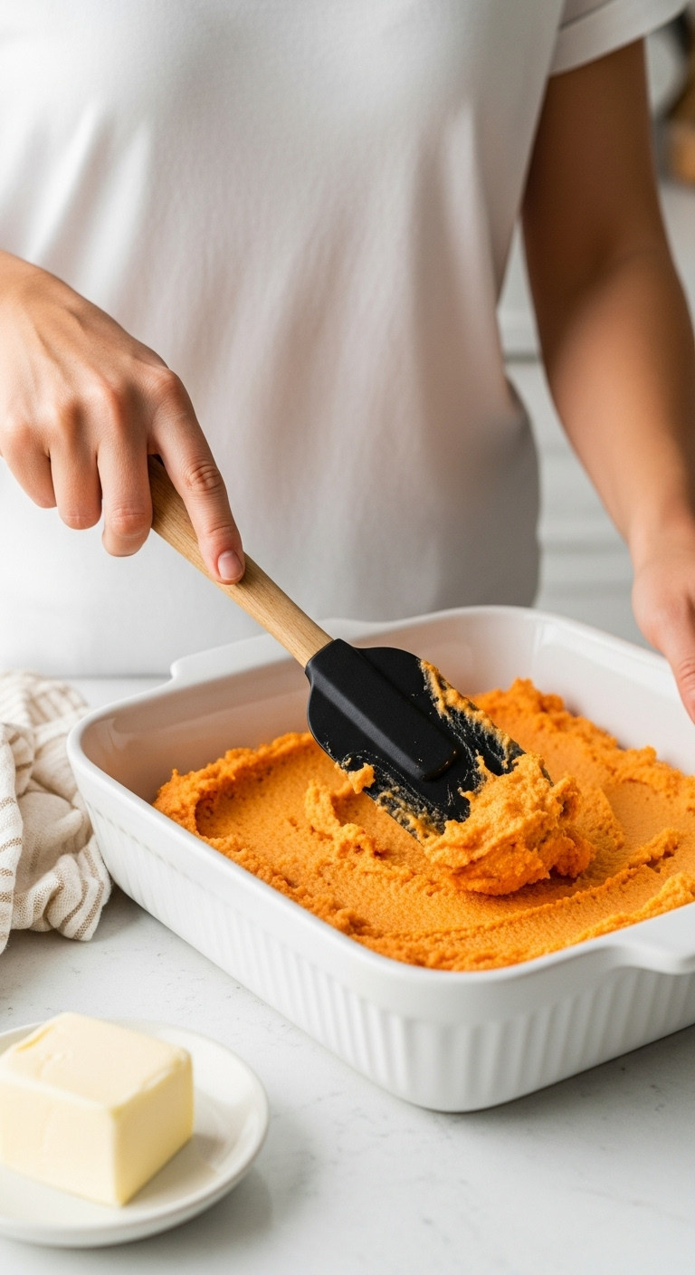 Spatula Smoothing Vibrant Orange Sweet Potato Casserole Mixture Into A White Ceramic Baking Dish.