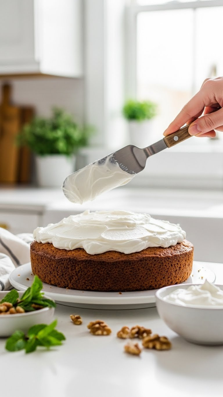 Spatula Spreading Creamy Greek Yogurt Frosting Over Cooled Healthy Carrot Cake On Cake Stand
