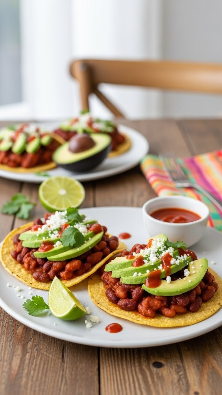 Speedy Bbq Baked Bean Tostadas With Crispy Corn Tortillas, Avocado Slices, And Cotija Cheese Topping