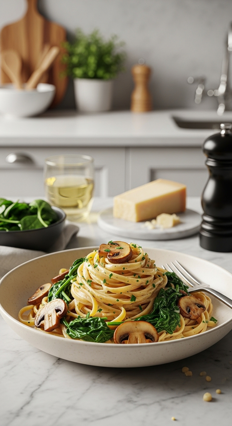 Speedy Creamy Mushroom And Spinach Pasta In A Ceramic Bowl With A Fork Glass Of White Wine Parmesan And Pepper Grinder