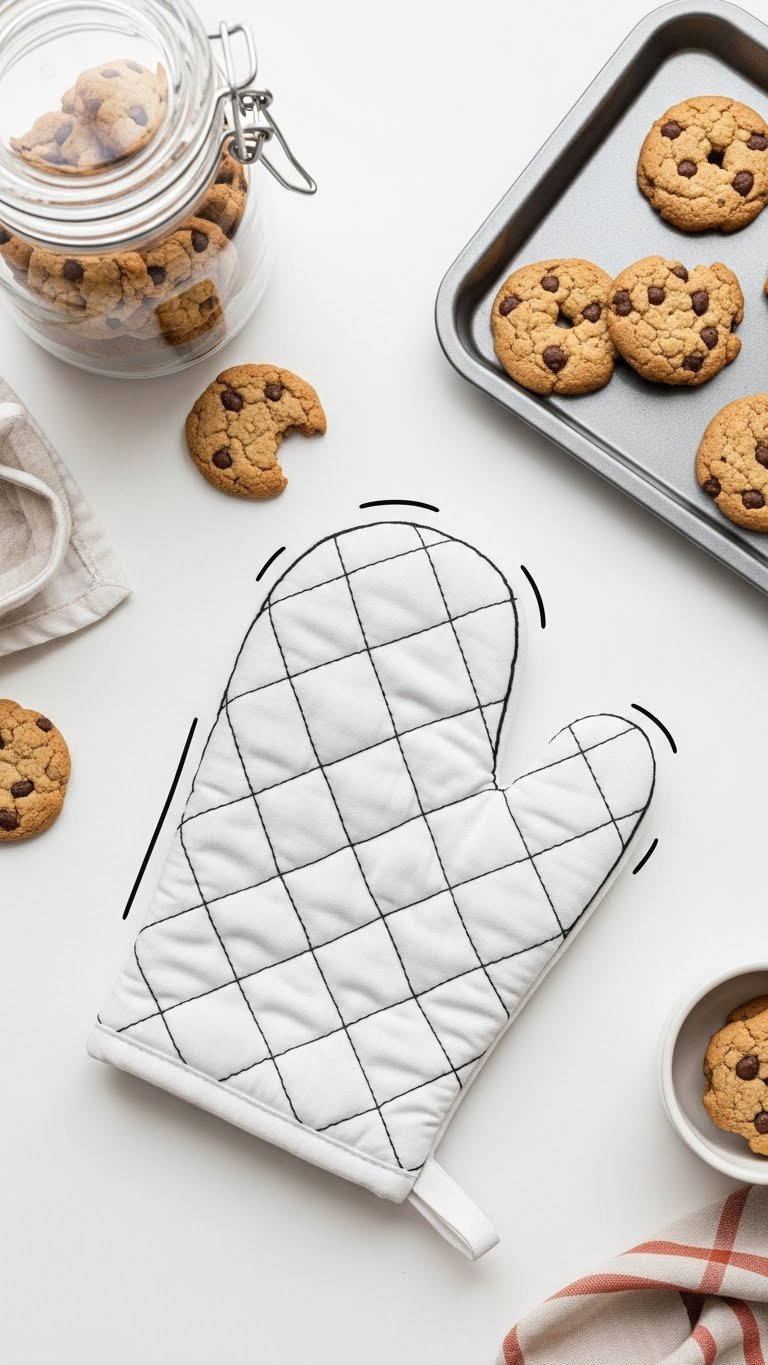 Speedy Oven Mitt Doodle With Quilted Texture Outline On Simple White Background With Cookie Jar And Baking Tray