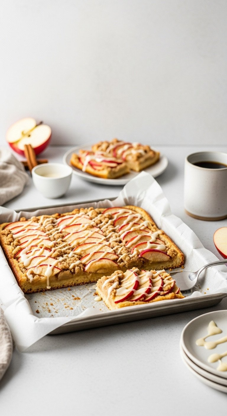Speedy Sheet Pan Apple Cake With Neatly Arranged Apple Slices, Cinnamon Streusel, And Icing Glaze. Moist, Elegant, Easy Apple Dessert.