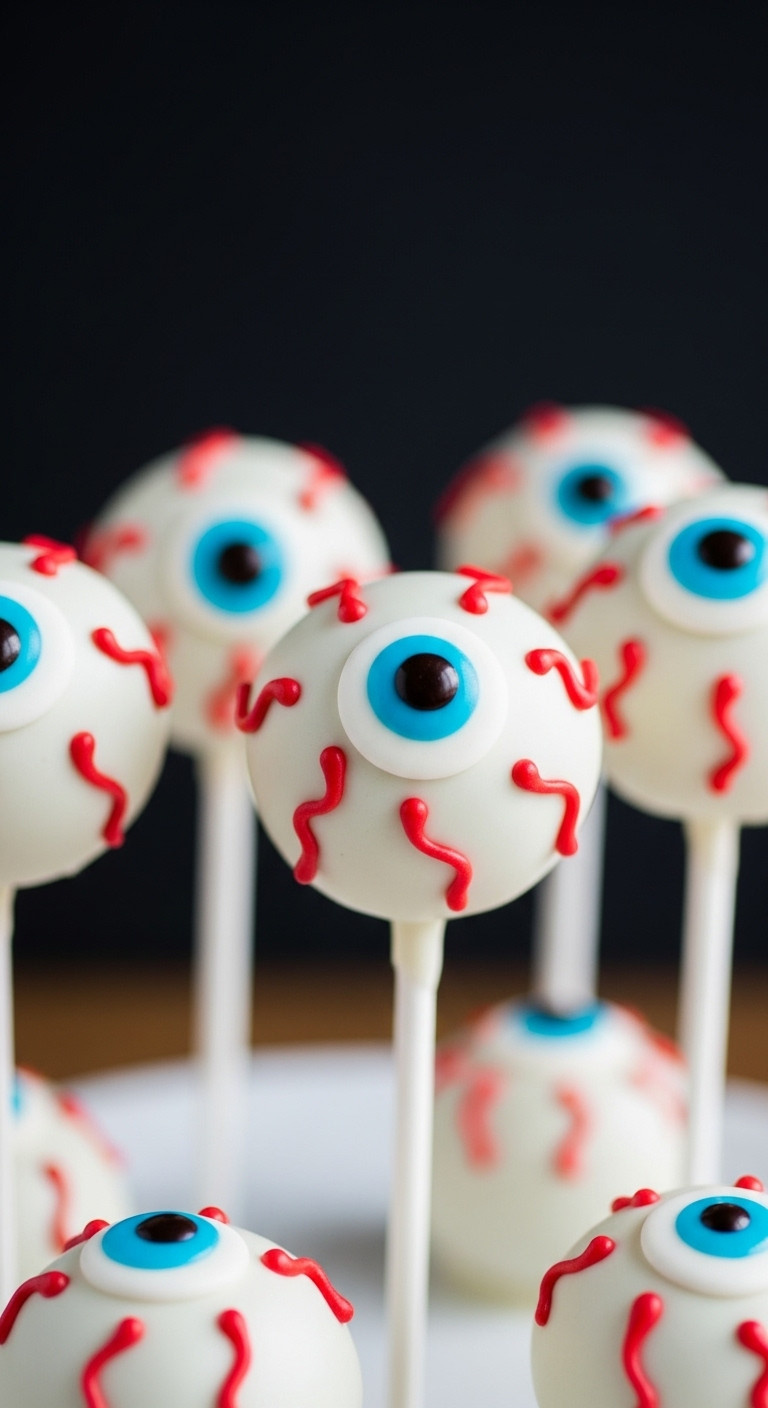 Spherical Eyeball Cake Pops On Sticks, White Candy Coated With Intricate Red Veins And A Black Pupil For Halloween.