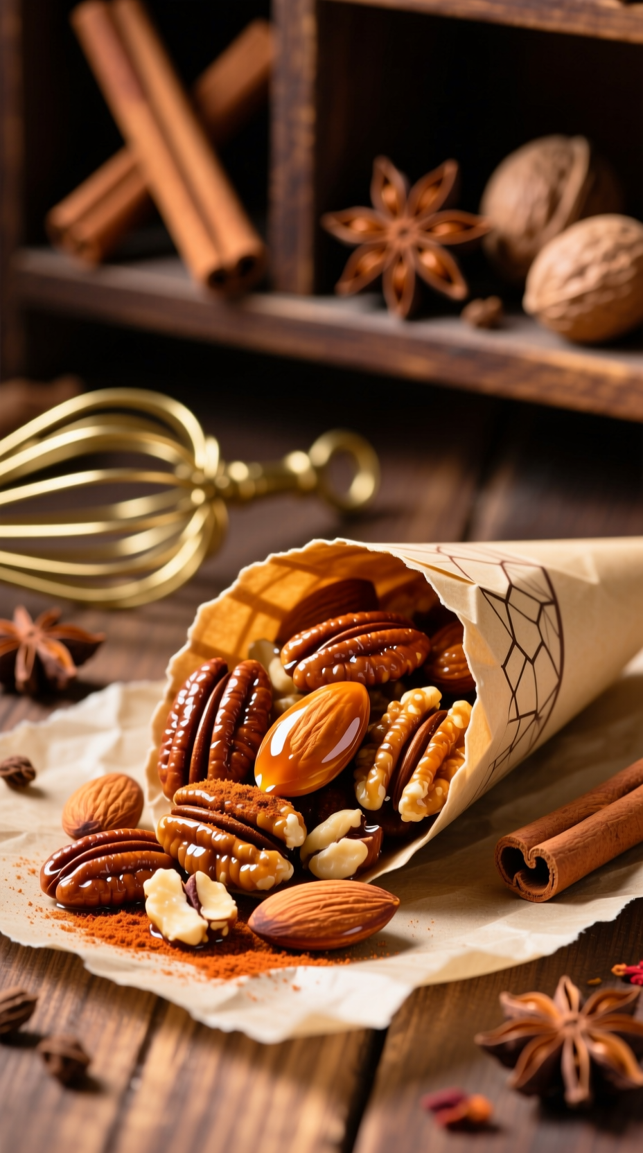 Spiced Candied Nuts: Almonds, Pecans, Walnuts In A Paper Cone, Glistening With Caramelized Sugar &Amp; Spice Dust On Wood.