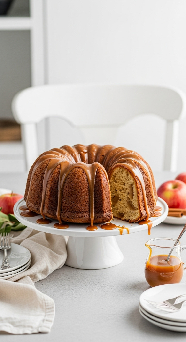 Spiced Apple Bundt Cake With Thick Caramel Glaze Dripping Down The Sides On A White Ceramic Stand