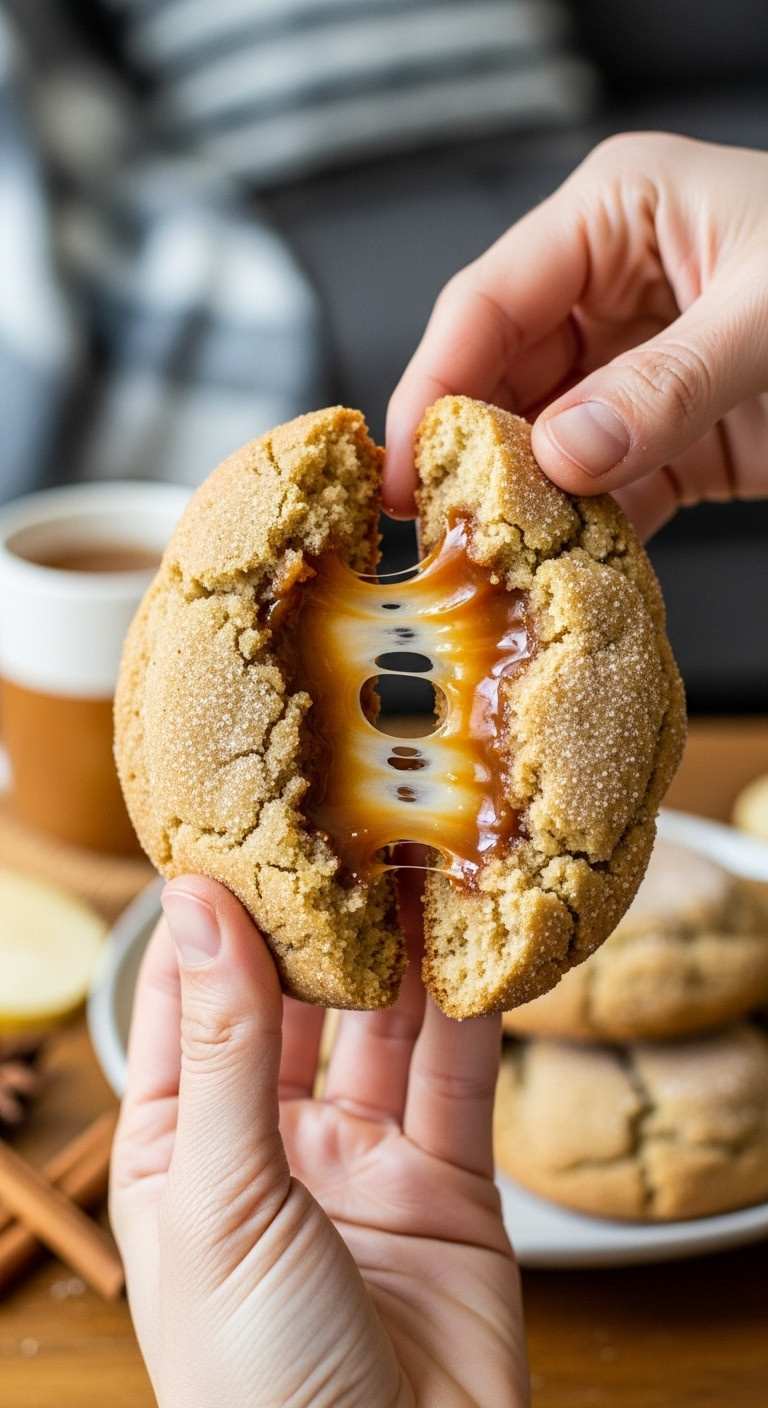 Spiced Apple Cider Cookie Broken, Gooey Caramel Center. Hands Holding Over Rustic Wood, Steaming Cider. Cozy, Decadent Fall Dessert.