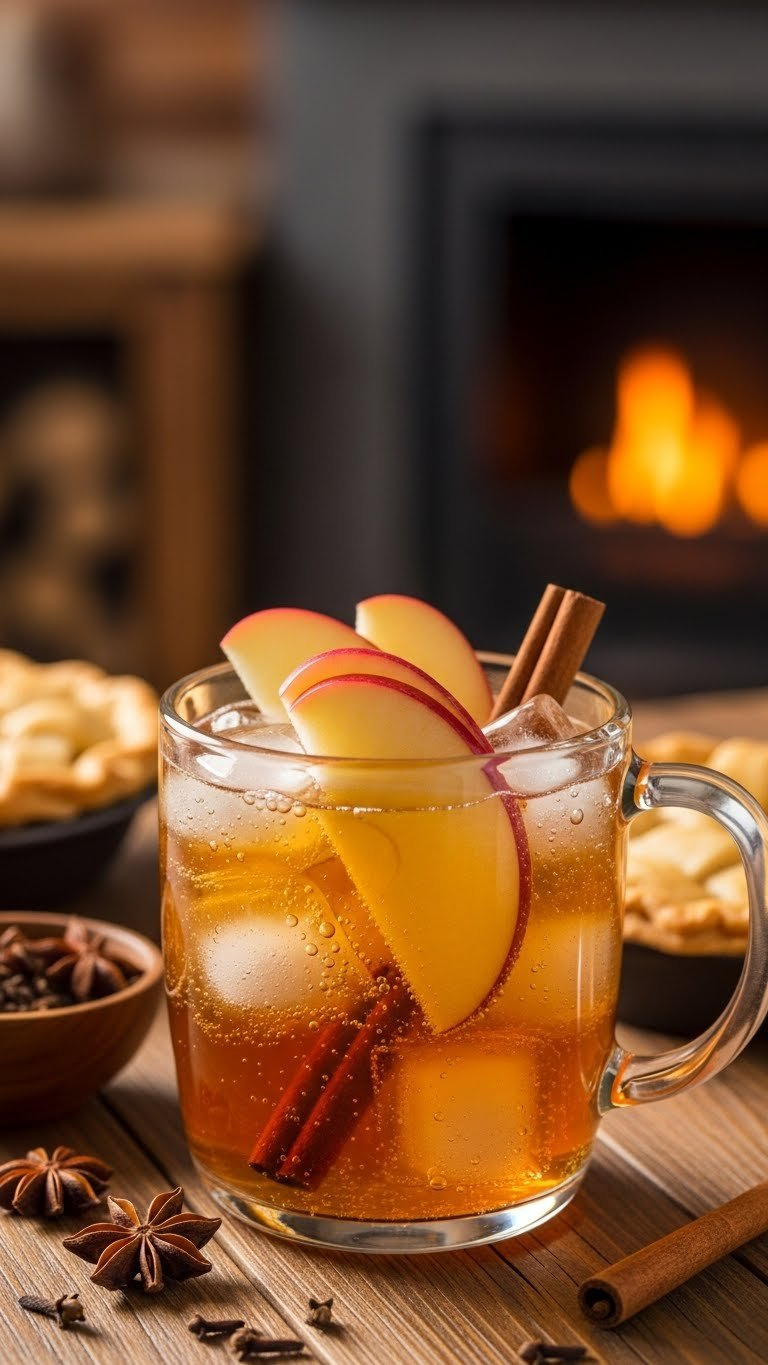 Spiced Apple Pie Sprite Fizz In Wide-Mouthed Mug With Ice Cubes, Apple Slices, And Cinnamon Stick On Rustic Autumn Table