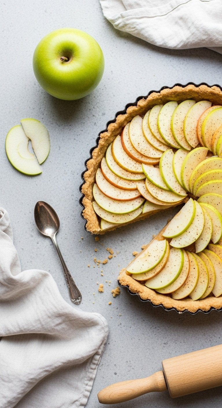 Spiced Apple Slices Arranged In A Concentric Pattern Inside A Raw Shortcrust Pastry Shell In A Tart Pan On Stone.