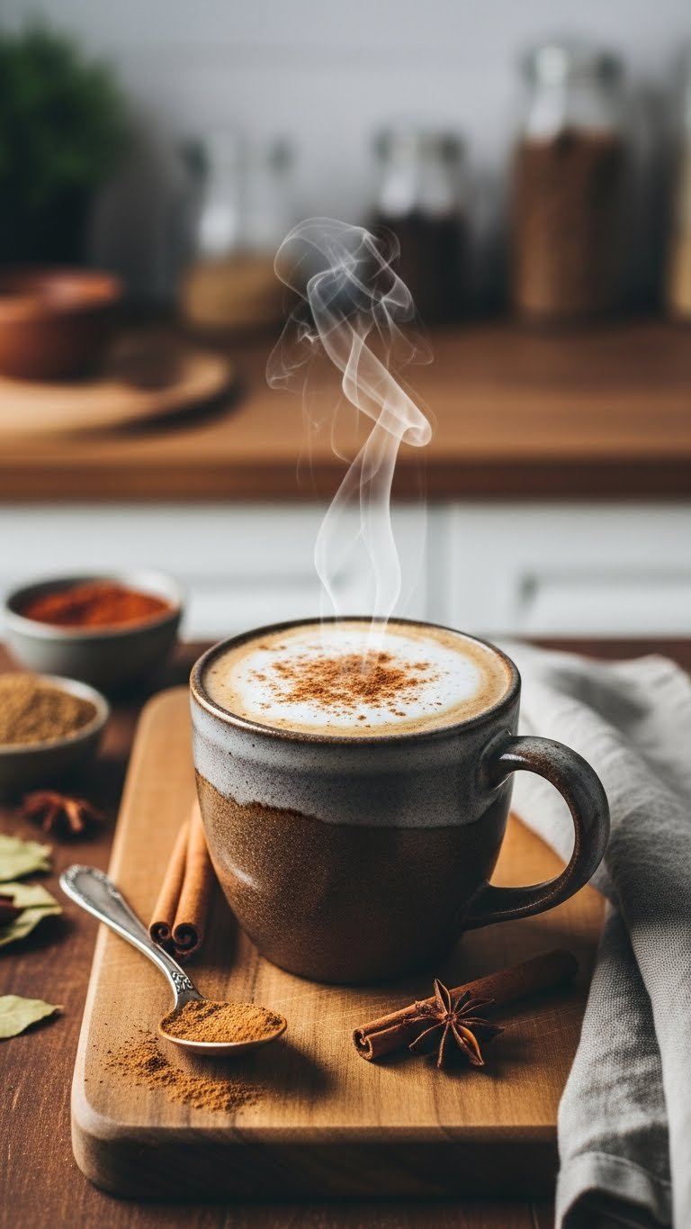 Spiced Chai Latte With Espresso Shot In Rustic Ceramic Mug Topped With Steamed Milk And Cinnamon On Wooden Cutting Board.