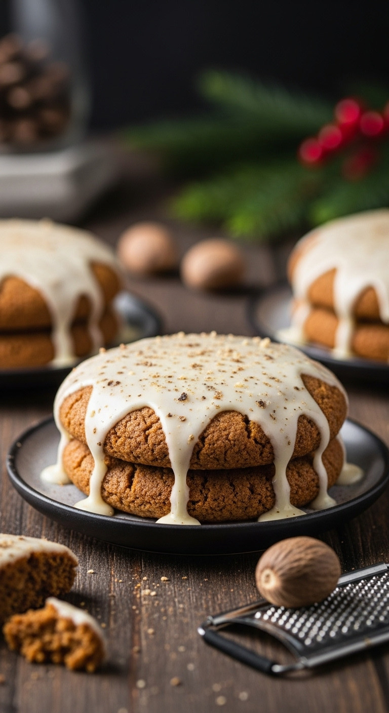 Spiced Chai Sugar Cookie With Thick Eggnog Glaze Dripping, Nutmeg. Dark Plate, Warm Light. Aromatic Holiday Dessert.