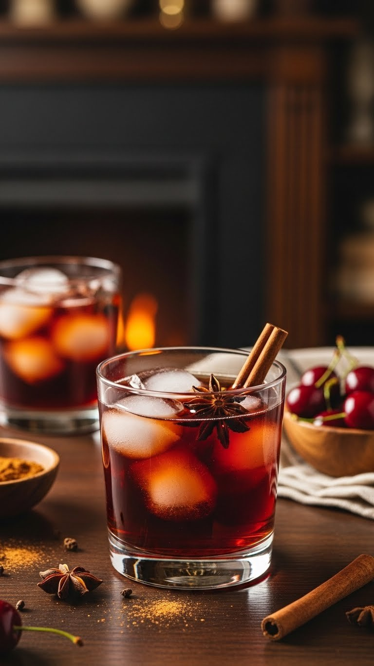 Spiced Cherry Dr Pepper Infused With Cinnamon Stick And Star Anise Floating In Clear Glass