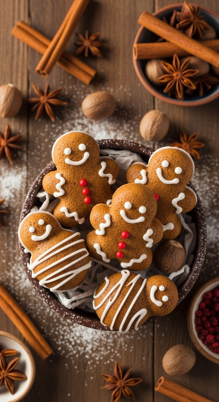Spiced Gingerbread Man Cake Balls With White Glaze, Royal Icing, Red Candy Buttons In A Rustic Bowl With Spices.