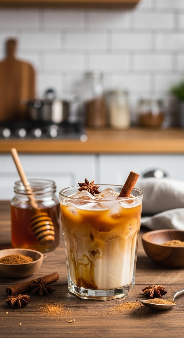Spiced Honey Iced Latte With Honey Swirl Cinnamon Stick And Ice On A Rustic Wooden Table.