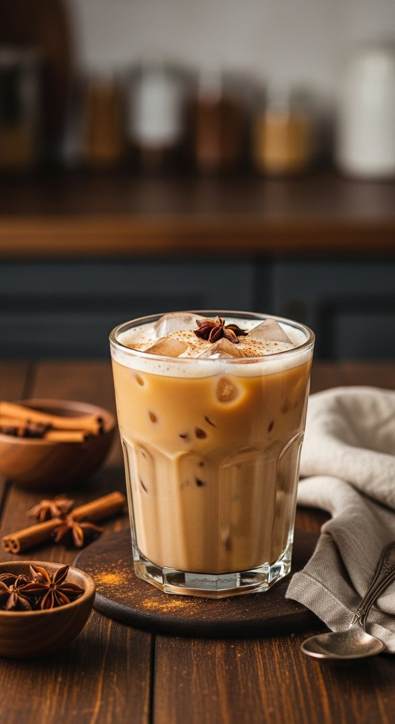 Spiced Iced Chai Latte With Cinnamon Garnish And Ice Cubes On A Dark Wooden Table.