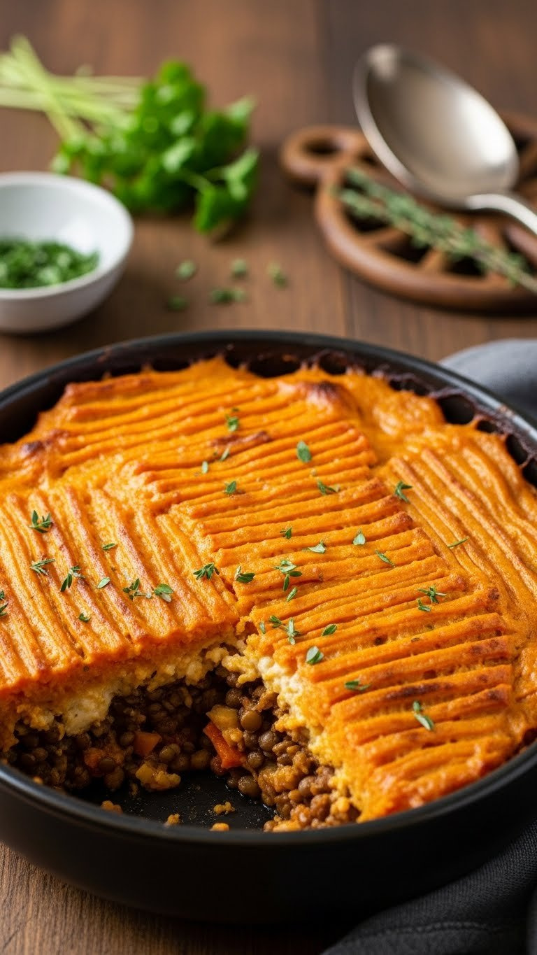 Spiced Lentil Shepherd's Pie With Golden Sweet Potato Topping Bubbling Through Vegetable Filling In Ceramic Baking Dish.