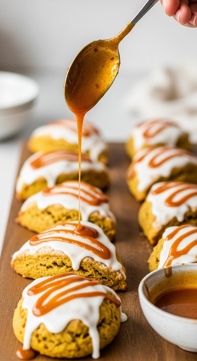 Spiced Orange Glaze Drizzling From A Spoon Over Pumpkin Scones With White Base Glaze On A Rustic Wooden Board.