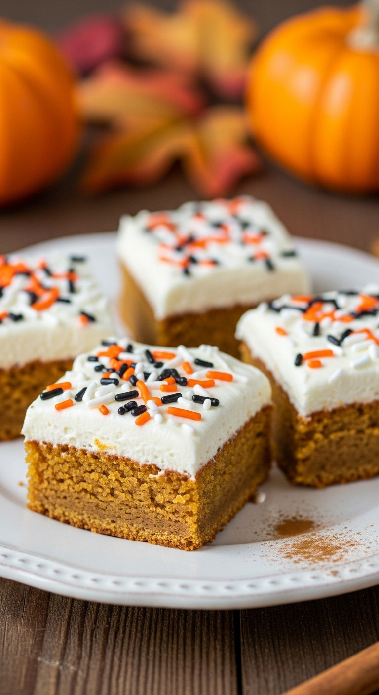 Spiced Pumpkin Bars With Cream Cheese Frosting And Halloween Sprinkles On A Vintage Plate With Fall Decor Background