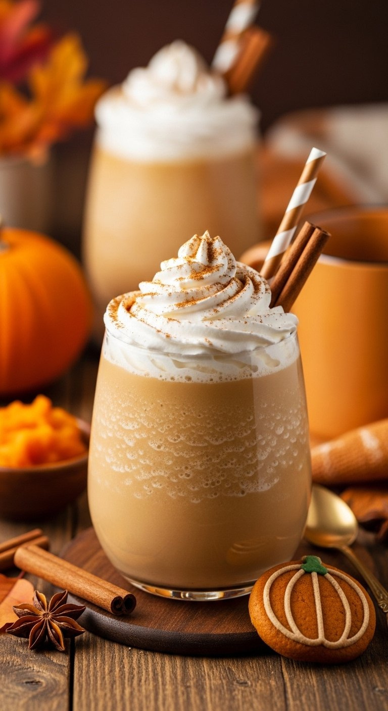 Spiced Pumpkin Frozen Coffee With Whipped Cream And Cinnamon On A Rustic Wooden Table With Autumn Decor.