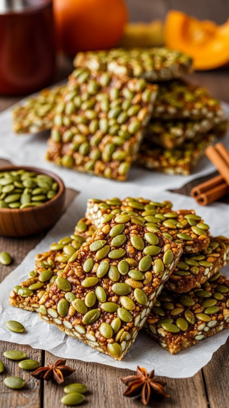 Spiced Pumpkin Seed Brittle With Golden Caramel Glaze And Green Seeds On Rustic Wooden Table With Cinnamon Sticks