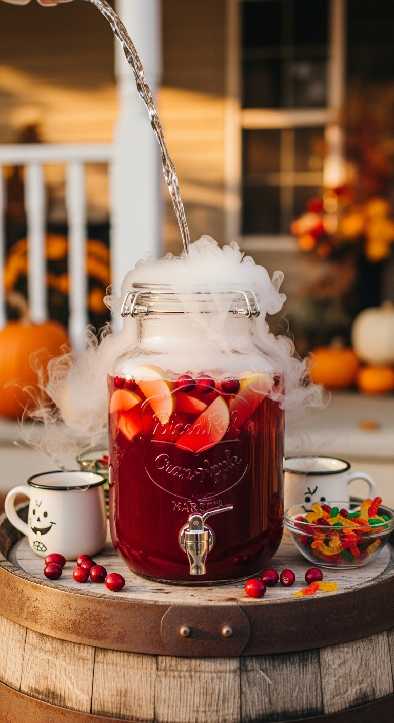 Spiced Rum Cran Apple Punch With Dry Ice Fog Apple Slices And Cranberries In A Glass Beverage Dispenser