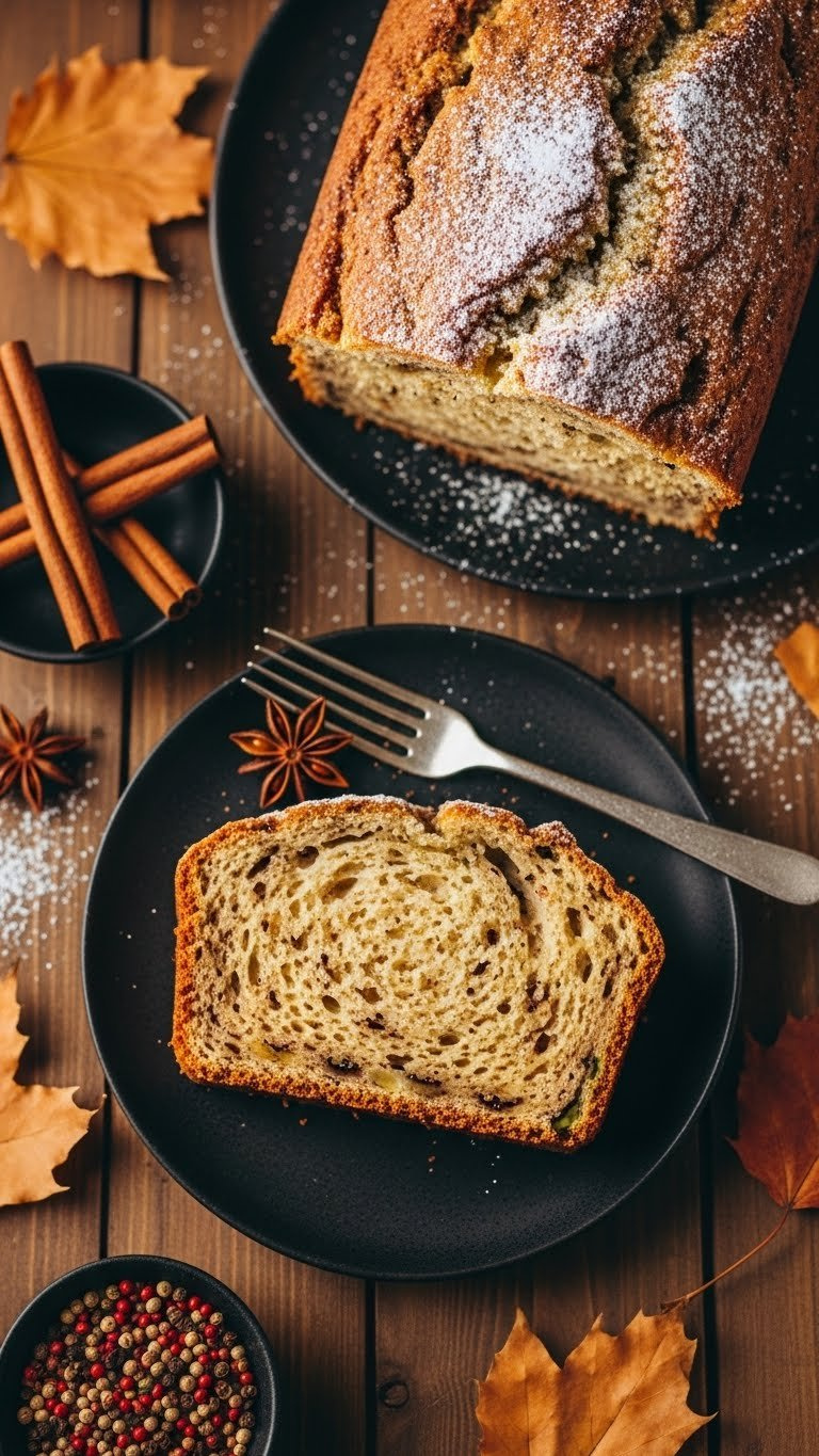 Spiced Sourdough Zucchini Bread Slice With Powdered Sugar Dusting On Dark Ceramic Plate With Autumn Leaves