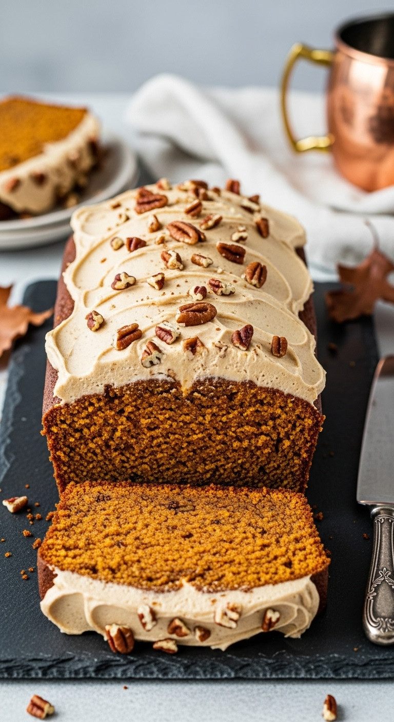 Spiced Sweet Potato Loaf Cake With Brown Butter Cream Cheese Frosting And Chopped Pecans On A Slate Board