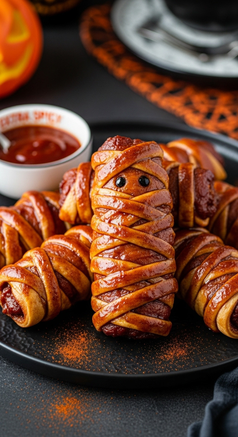 Spicy Bbq Mummy Halloweiners With A Glistening Caramelized Glaze On A Dark Ceramic Plate With Extra Sauce And Smoked Paprika