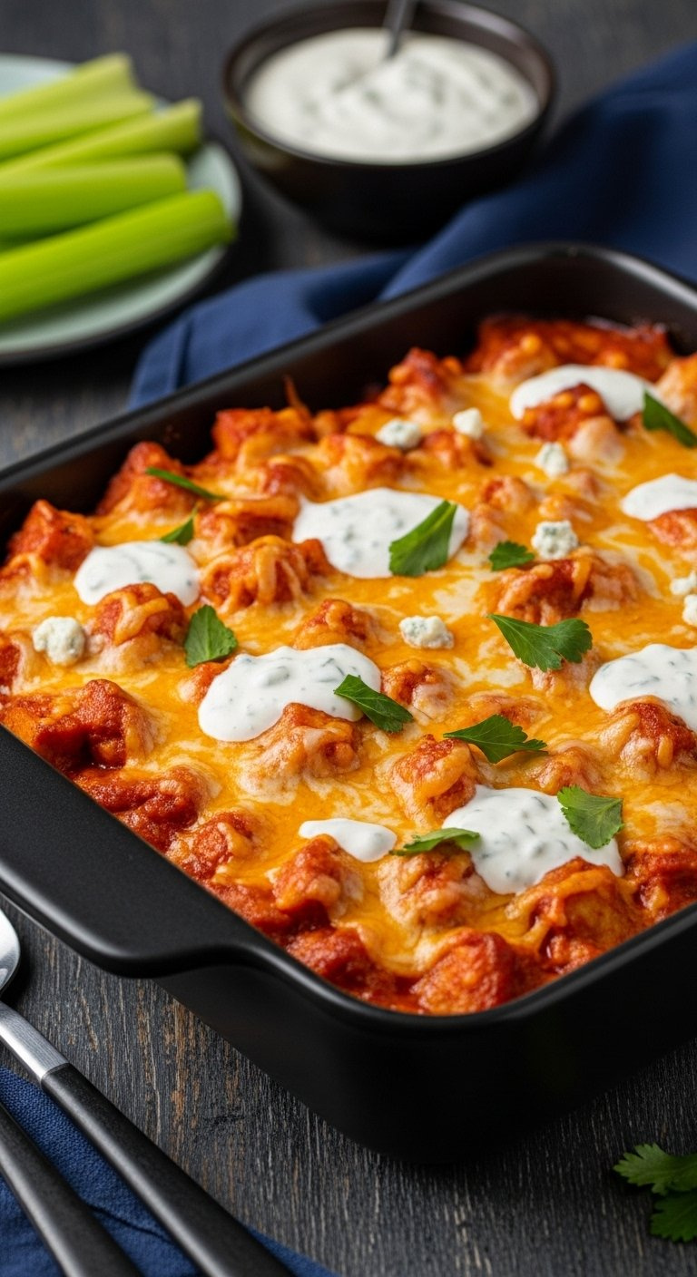 Spicy Buffalo Chicken Casserole With Orange Buffalo Sauce, Melted Cheese, And Ranch Drizzle In A Black Baking Dish.