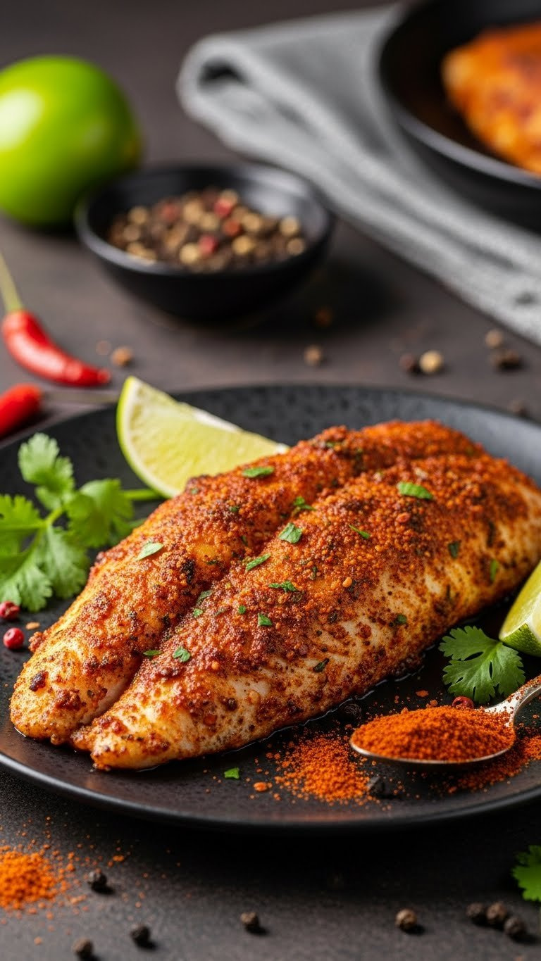 Spicy Cajun Baked Tilapia Fillet With Reddish-Brown Spice Crust On A Dark Ceramic Plate, Garnished With Lime Wedge
