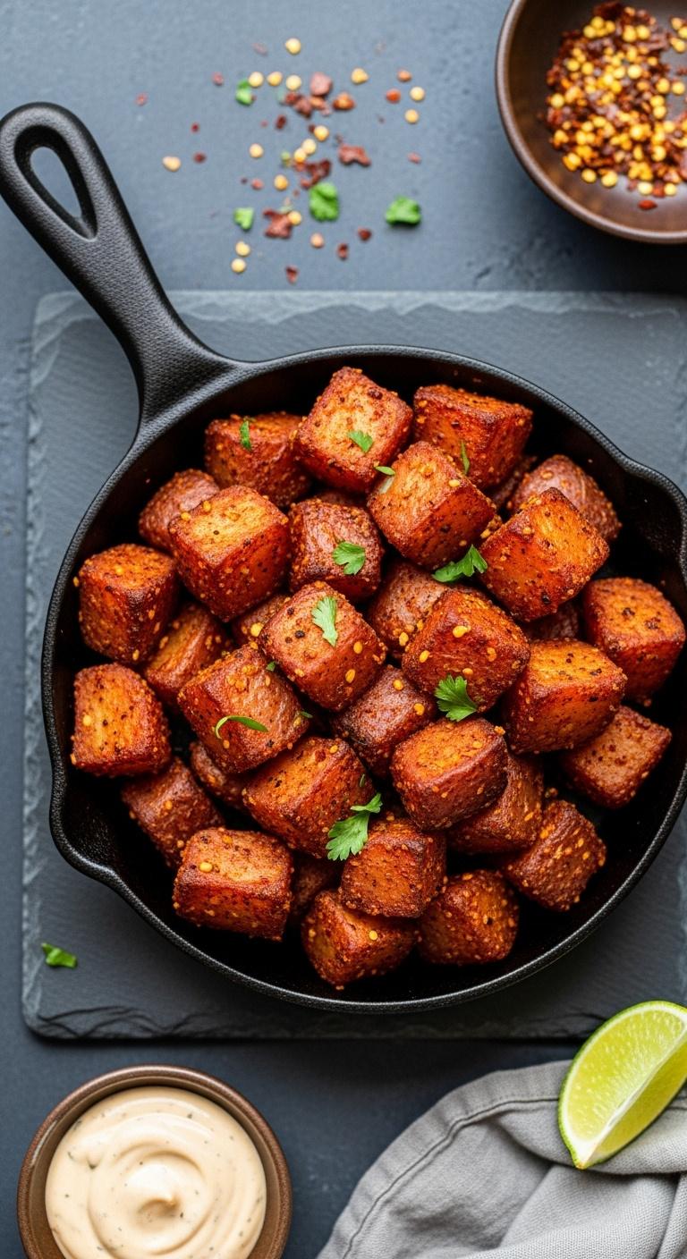 Spicy Cajun Roasted Red Potatoes In A Cast-Iron Skillet With Dipping Sauce Chili Flakes And Lime Wedge