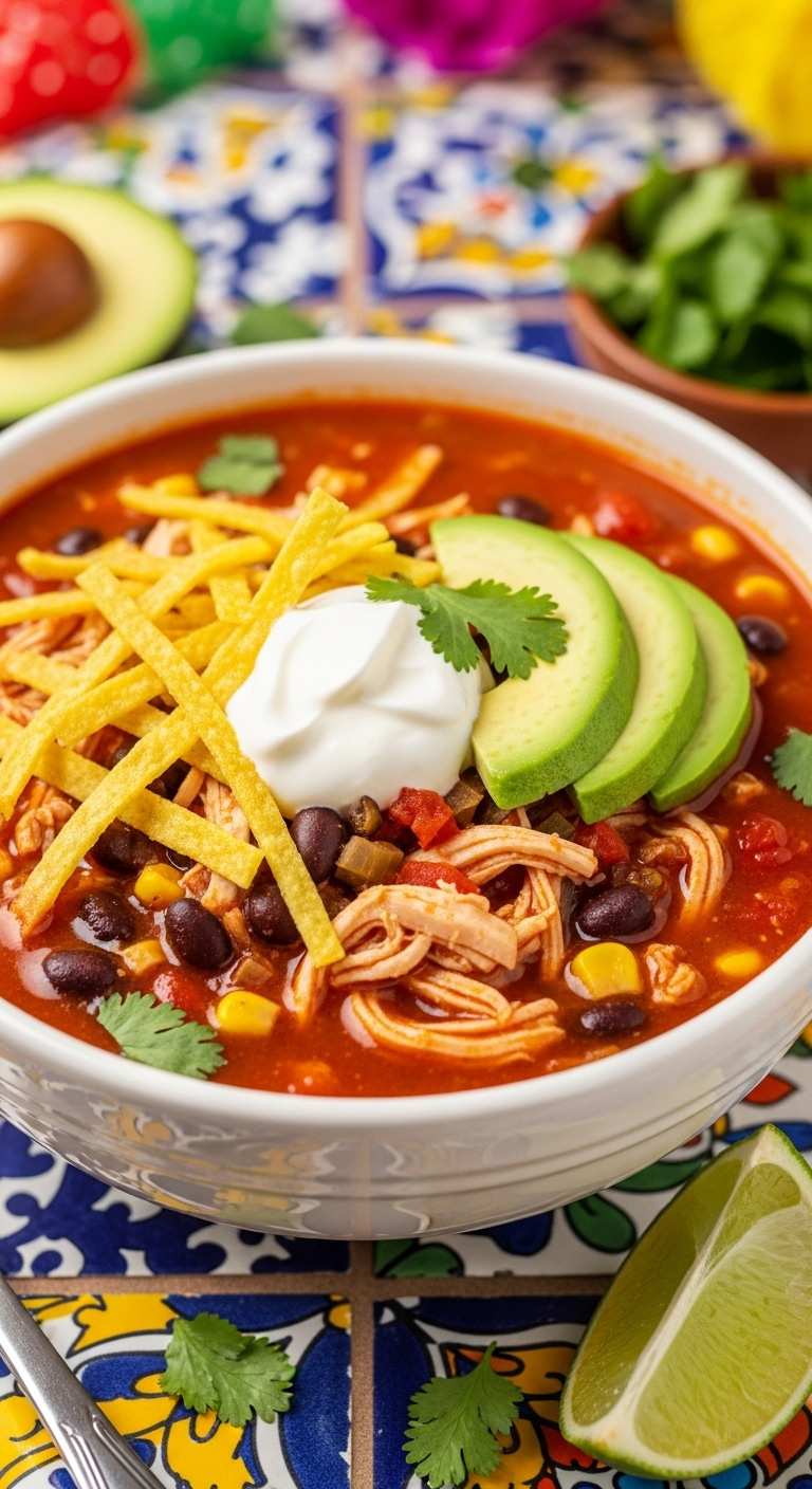 Spicy Chicken Tortilla Soup With Shredded Chicken Beans Corn Tortilla Strips Sour Cream Avocado Cilantro On Mexican Tile