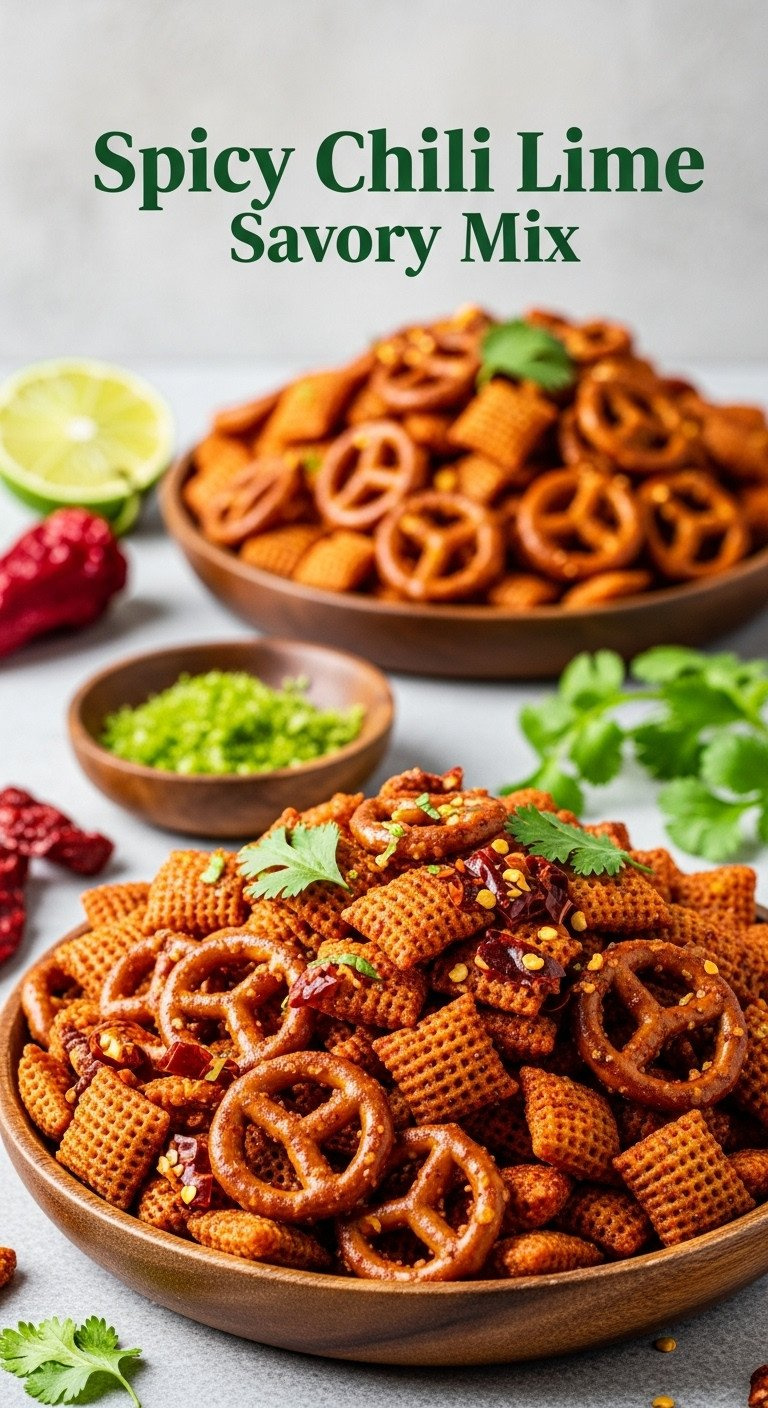 Spicy Chili Lime Savory Chex Mix, Vibrant Red &Amp; Brown Coated, With Crushed Chili Flakes And Cilantro In A Dark Wooden Bowl.