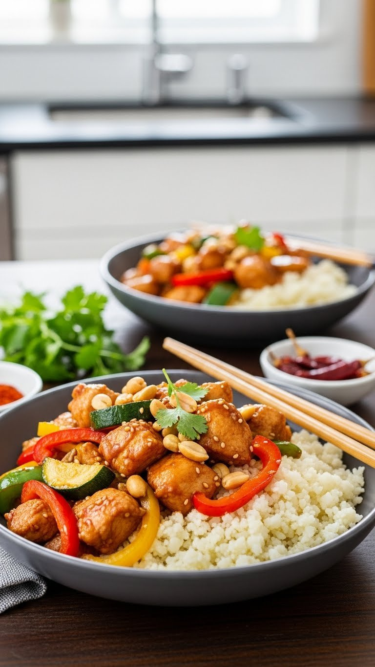Spicy Instant Pot Kung Pao Chicken With Colorful Bell Peppers, Peanuts, And Cauliflower Rice, Served With Chopsticks.