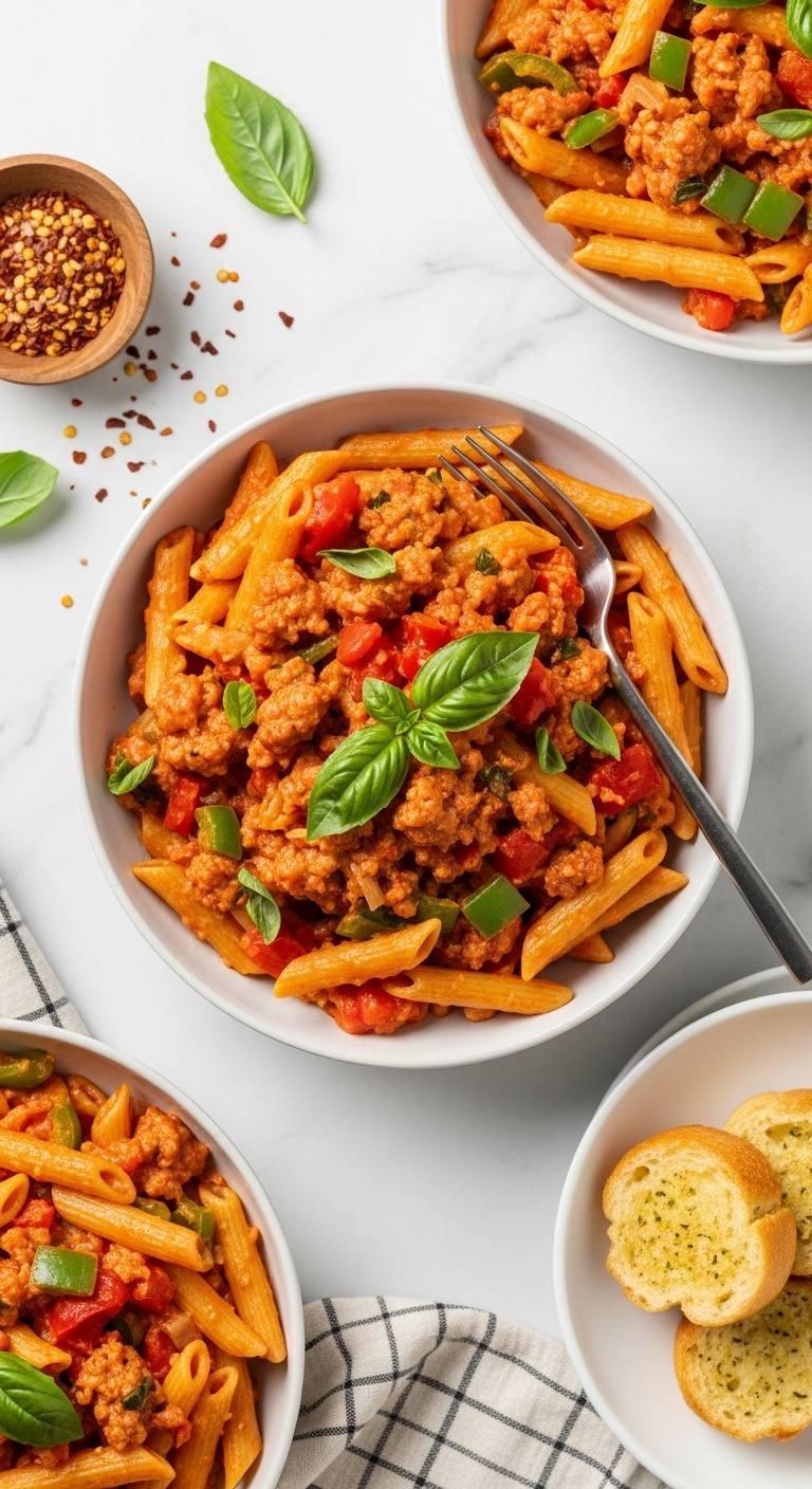 Spicy Italian Sausage Penne Pasta With Bell Peppers And Basil In A Modern Bowl On White Marble With Red Pepper Flakes And Garlic Bread