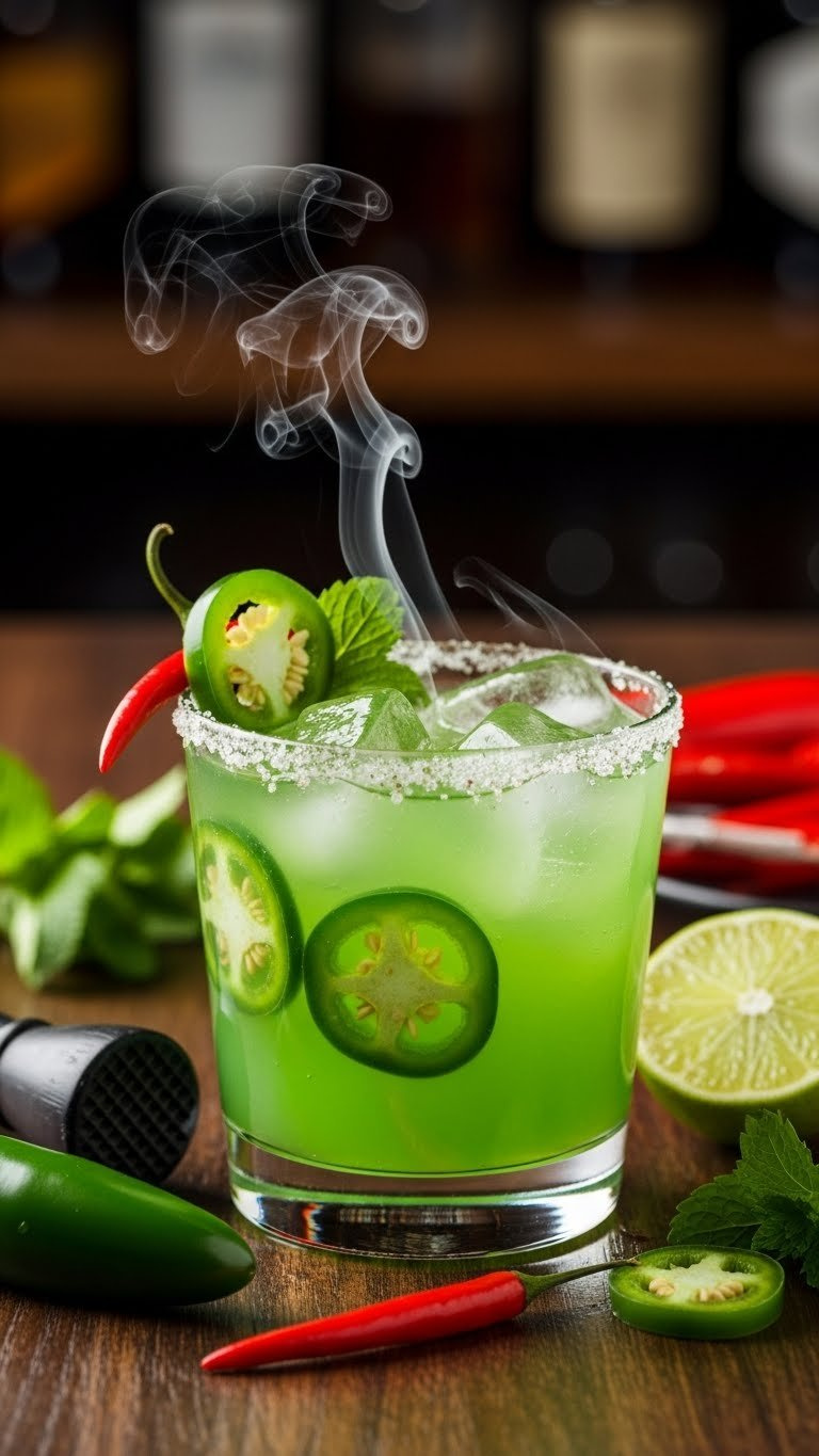 Spicy Margarita With Jalapeño Slices In Chili-Lime Rimmed Rocks Glass On Dark Wooden Bar Top