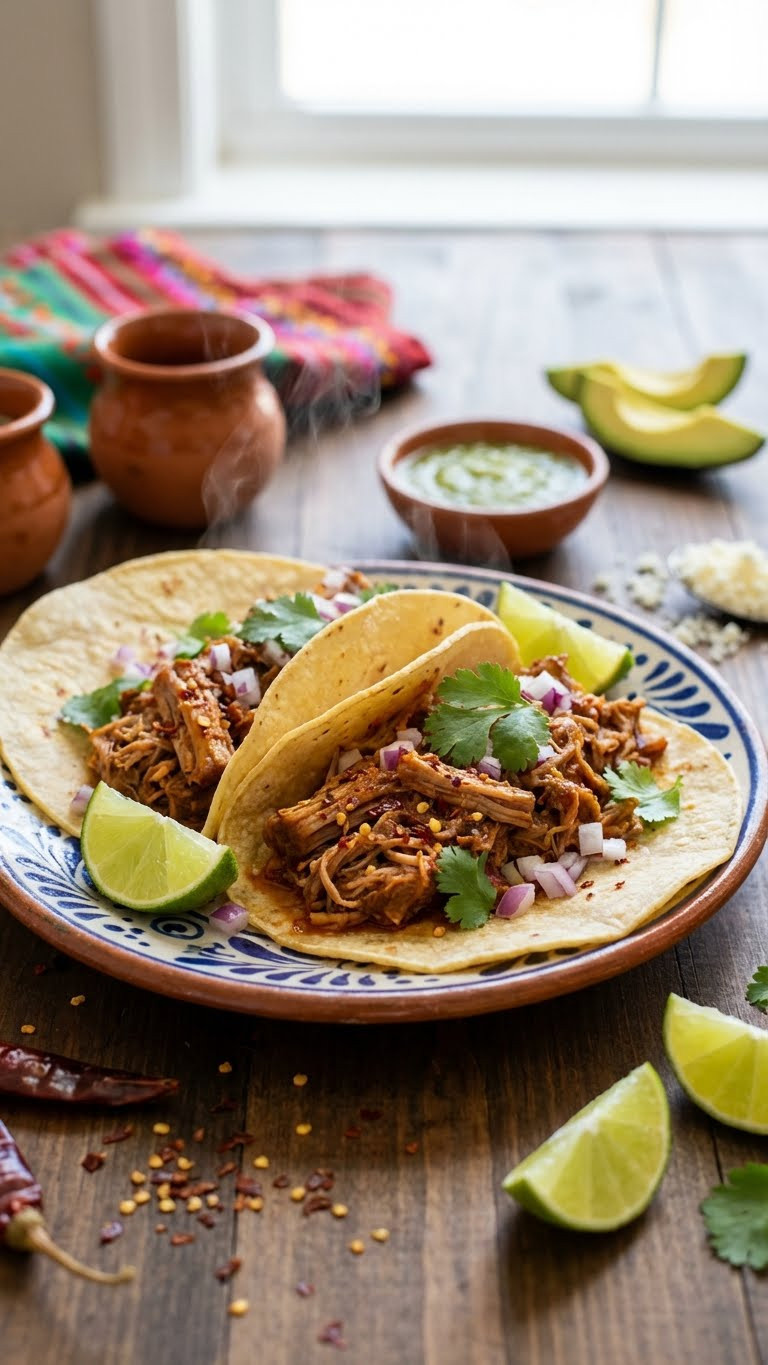 Spicy Mexican Instant Pot Pulled Pork Tacos With Fresh Cilantro, Diced Red Onion, Lime, And Avocado, Ready To Eat.