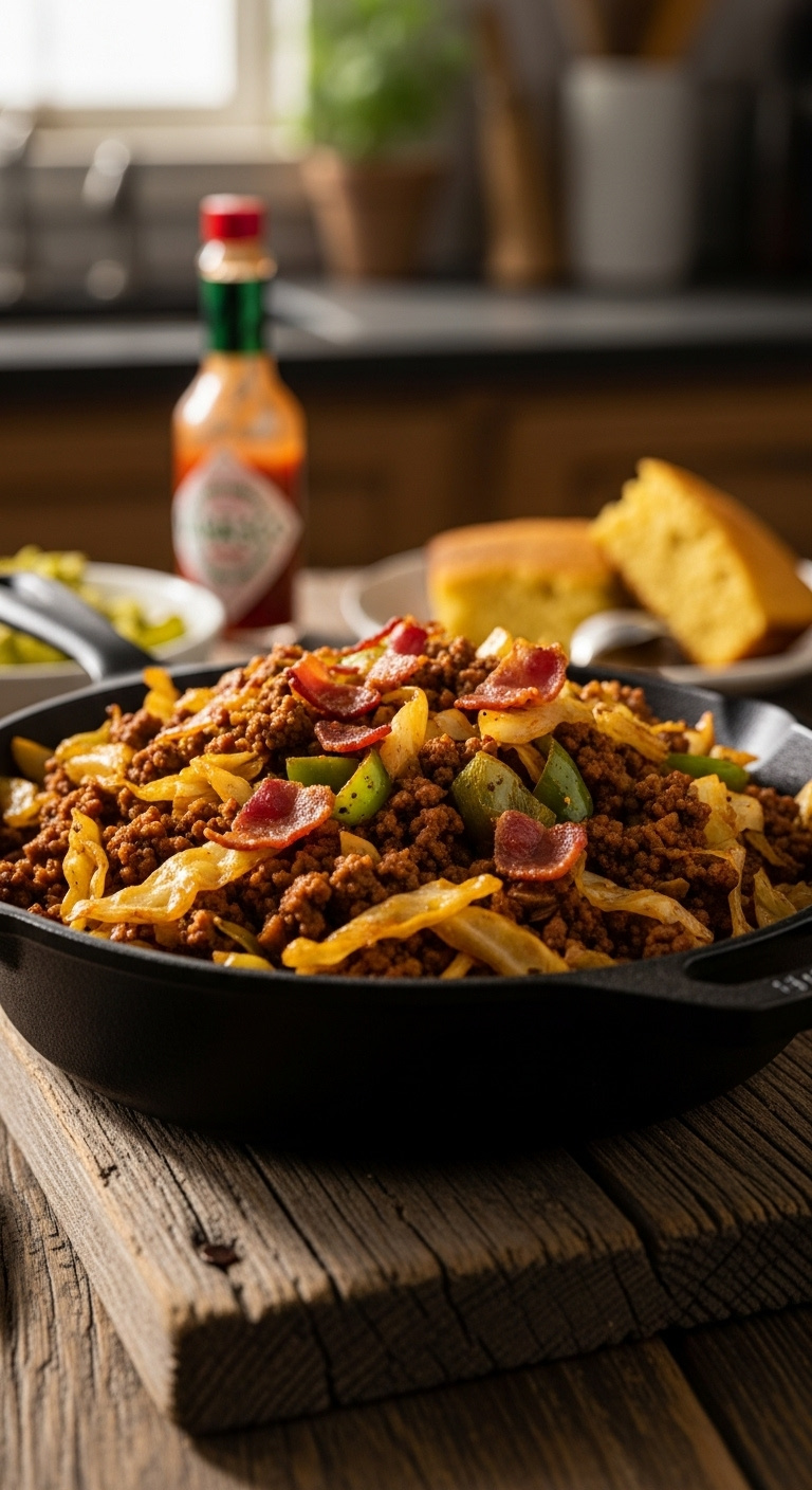 Spicy Southern Style Fried Cabbage And Ground Beef Skillet With Bell Pepper And Bacon Crumbles On Weathered Wooden Plank With Cornbread