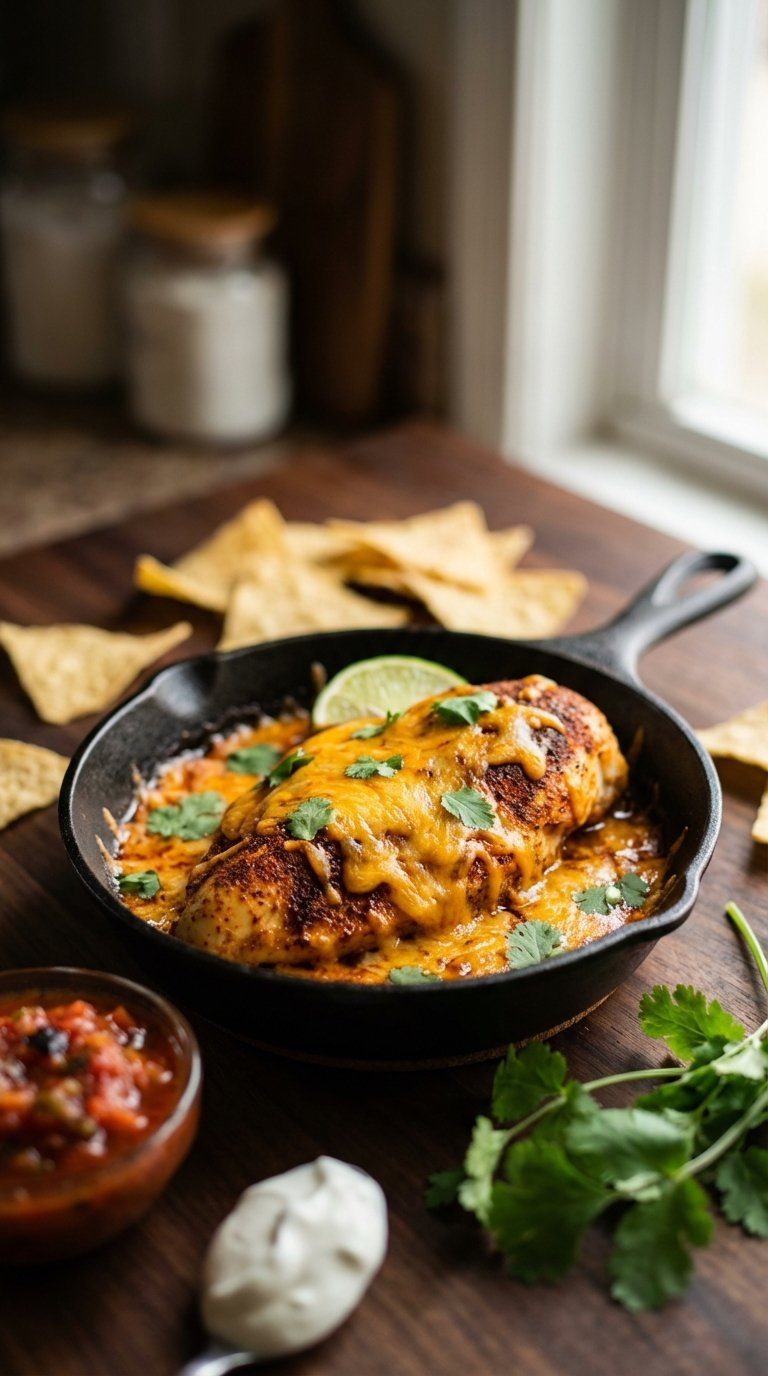 Spicy Tex-Mex Baked Chicken Breast With Melted Cheese, Cilantro, And Lime Wedge In Cast Iron Skillet