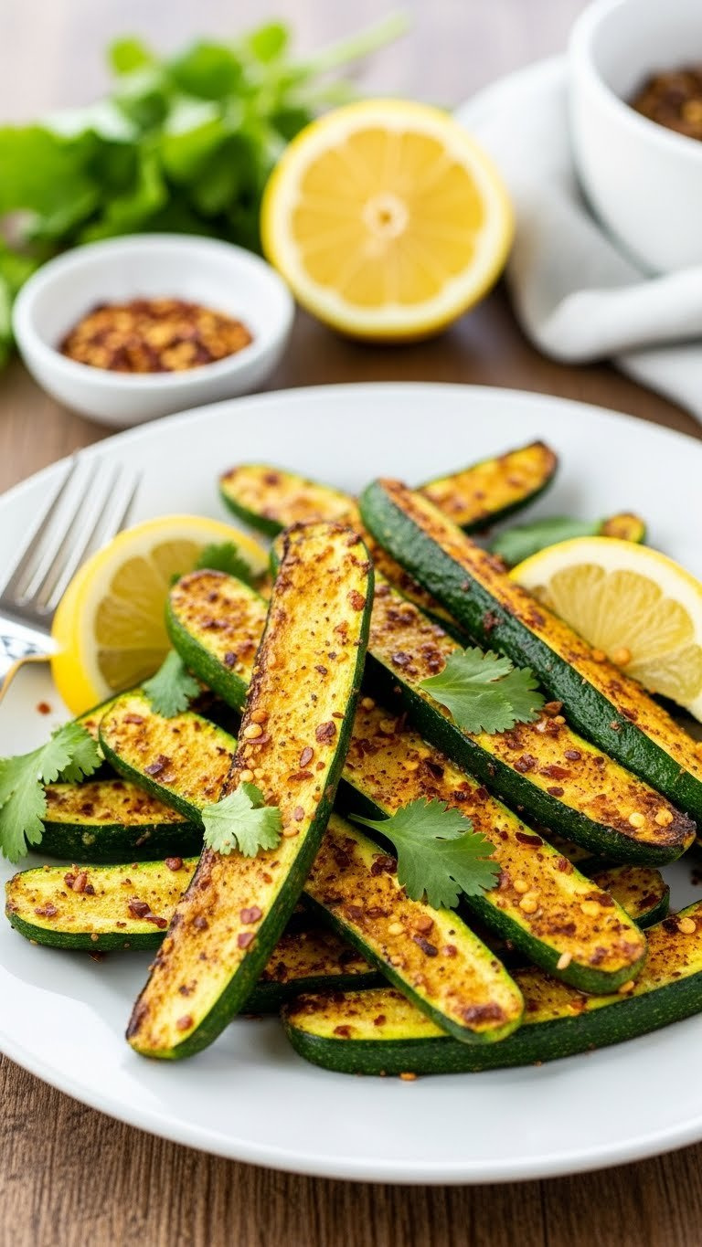 Spicy Air Fryer Zucchini Spears With Charred Edges And Fresh Lemon Zest Glistening With Spices